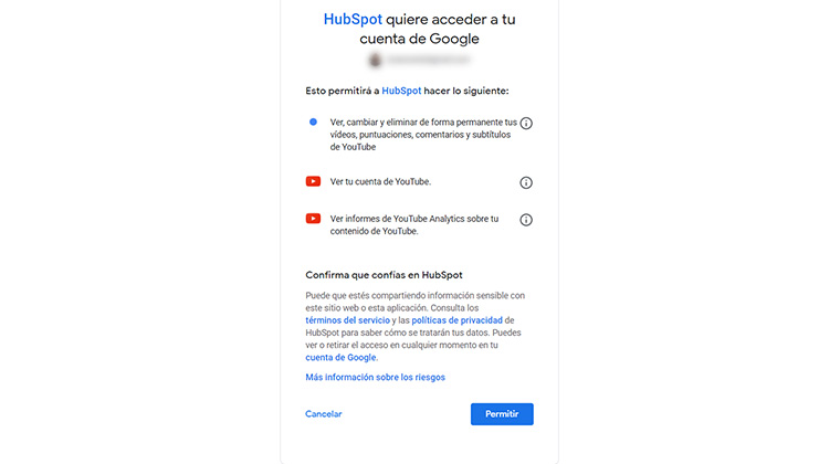 Aceptar permisos de YouTube en HubSpot